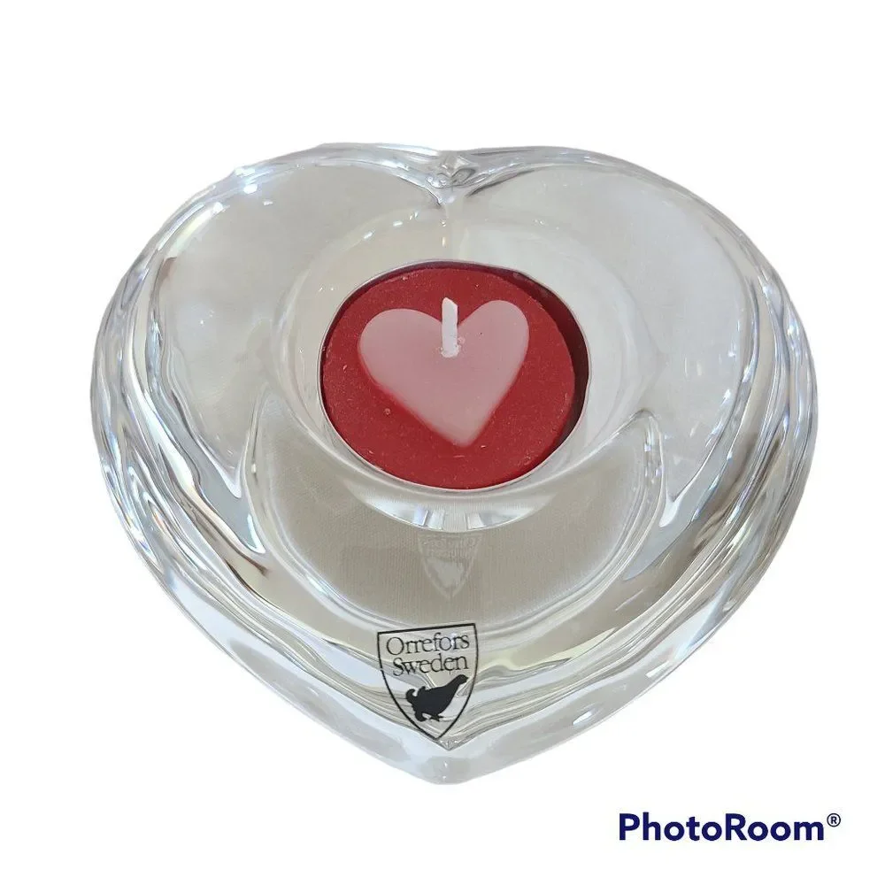 Orrefors Sweden Amour Heart Shaped Crystal Votive Tealight Candleholder Nordic